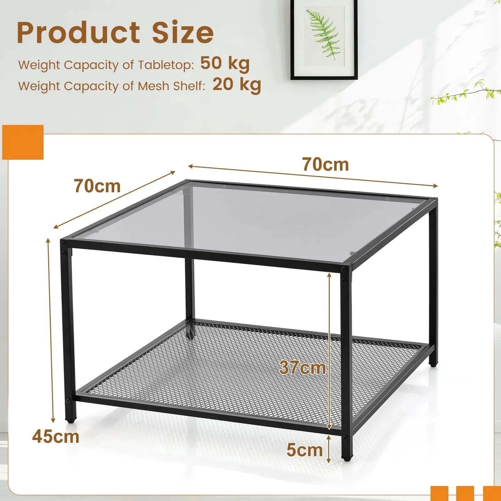 Costway Modern Glass Top Coffee Table Home Square Center Table Accent Sofa Side Table in Grey 3