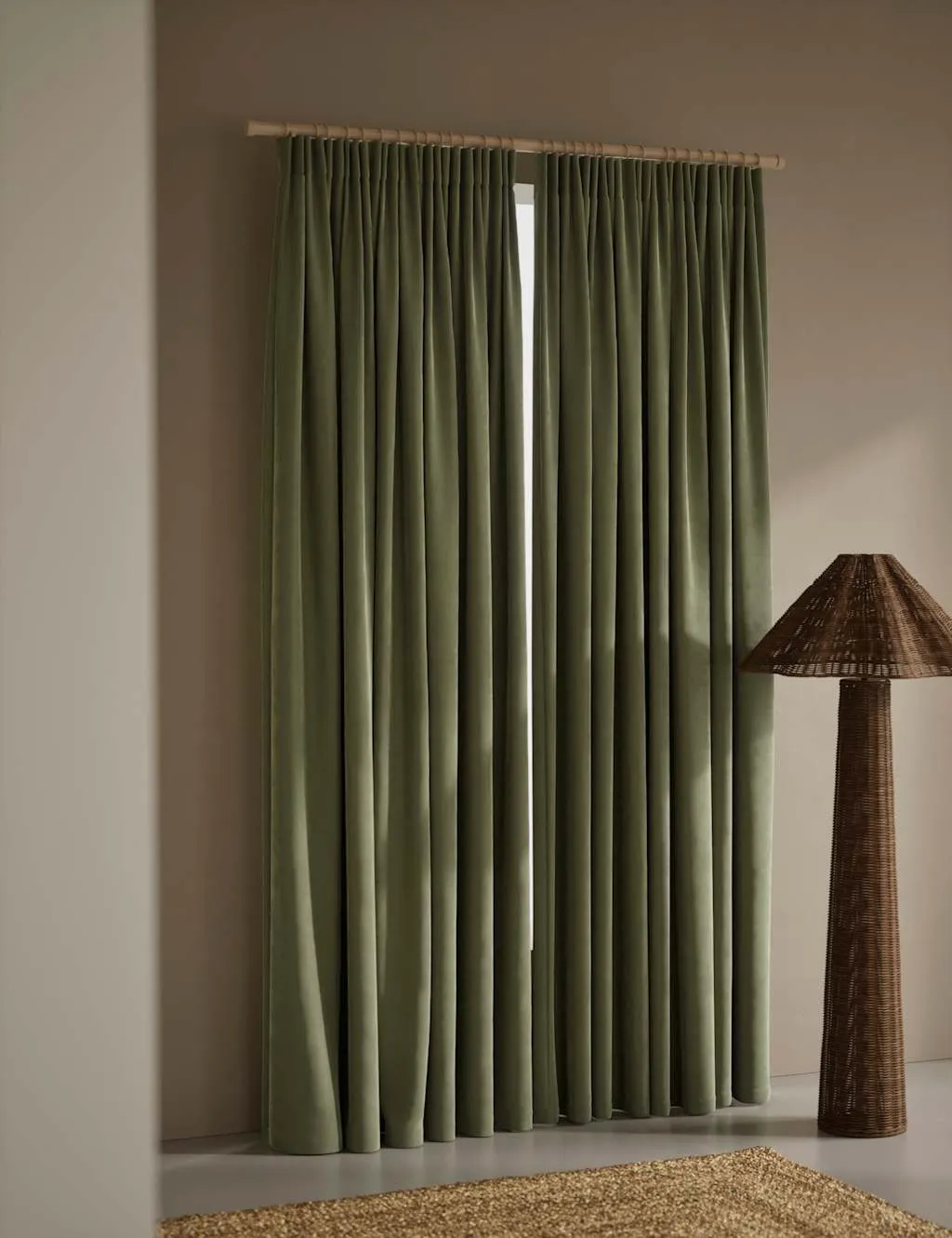 M&S Velvet Pencil Pleat Curtains Khaki