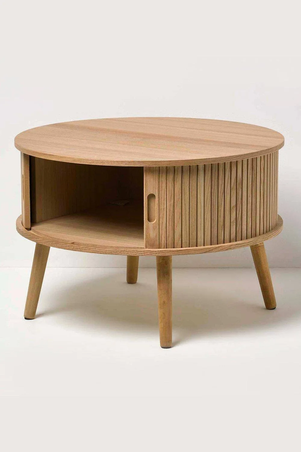 Homescapes Modern Coffee Table, Round Cabinet with Sliding Tambour Doors in Natural 2