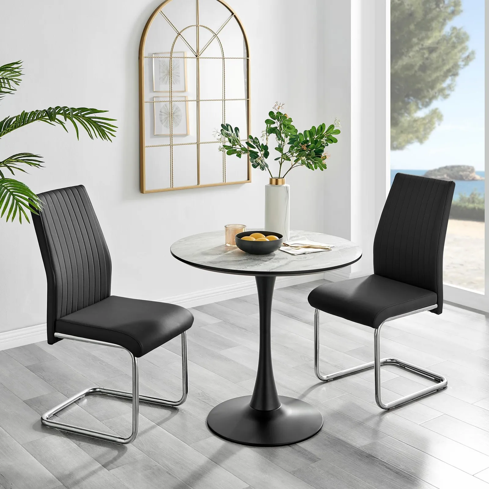 FurnitureboxUK Elina White Marble Effect Scratch Resistant Dining Table & 2 Lorenzo Faux Leather Chairs in Black