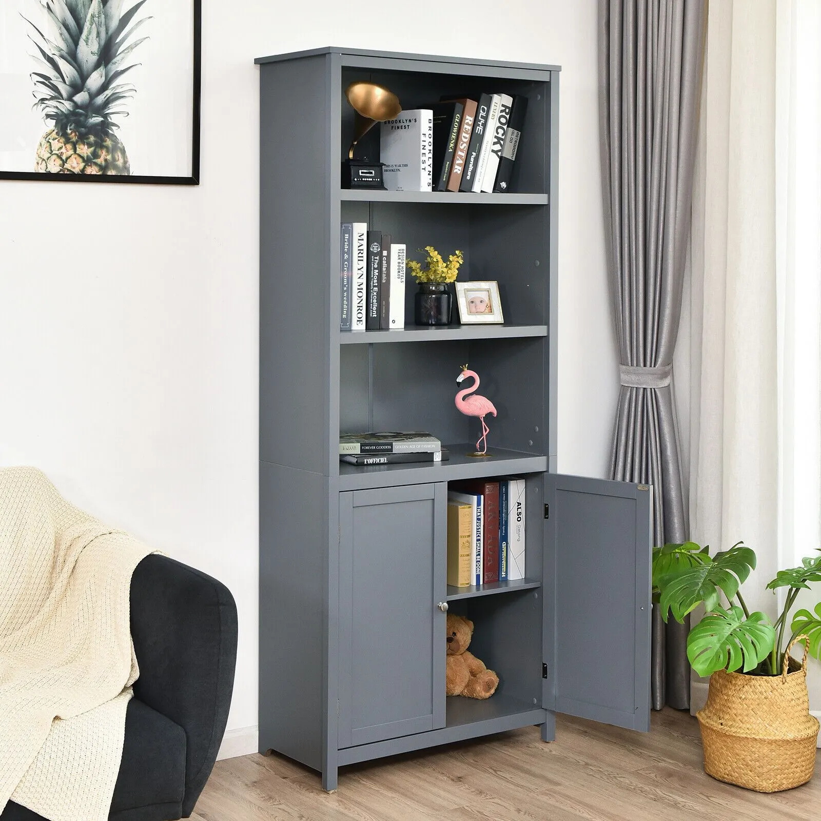 Costway Wooden Tall Bookcase 3-Tier Shelving Storage Cabinet 2 Doors Display Organizer in Grey 3