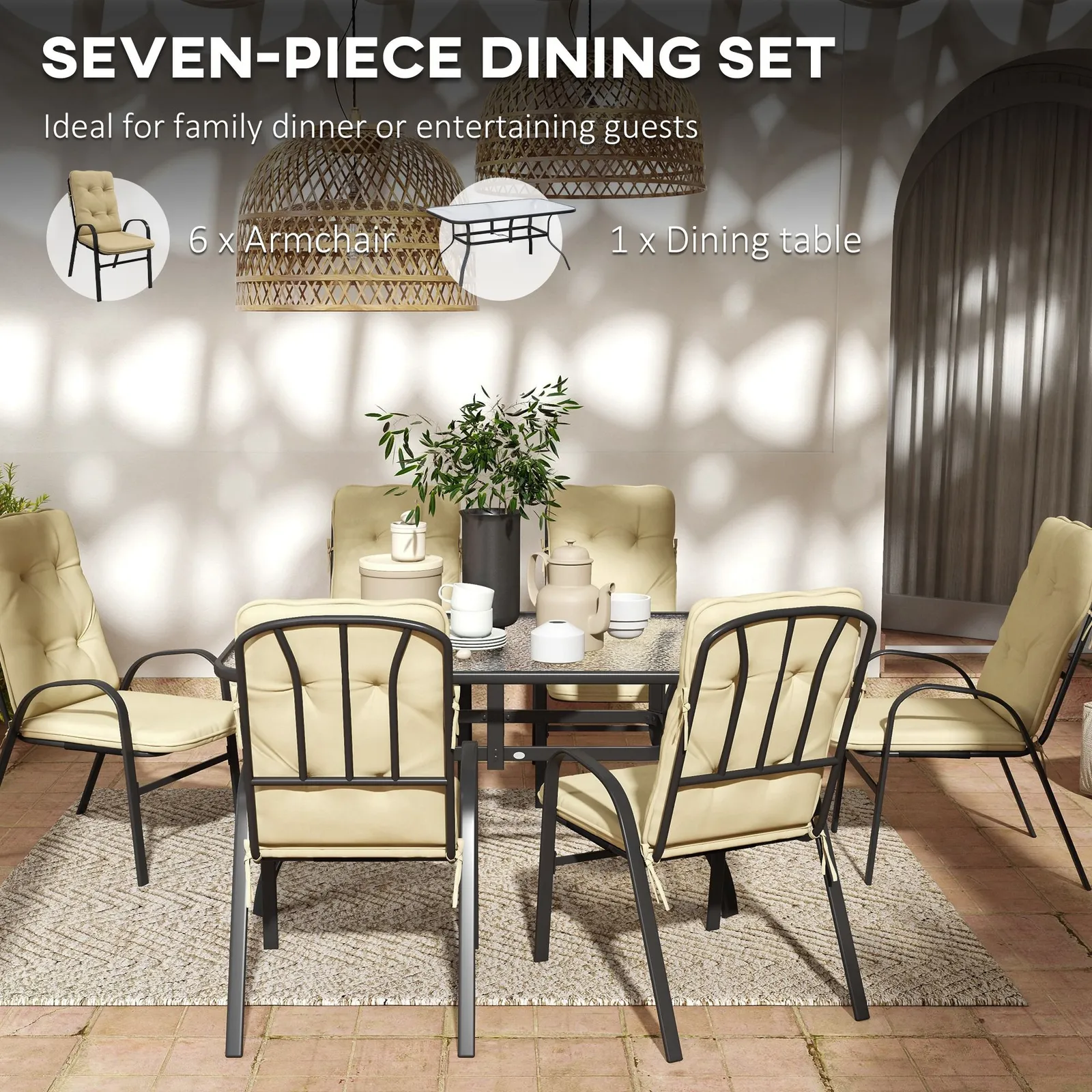 OUTSUNNY 7 PCs Garden Dining Set w/ Umbrella Hole & Cushion in Beige 5