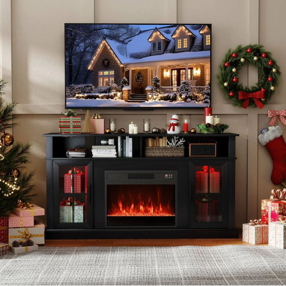 Costway Fireplace TV Stand w/ LED Lights Entertainment Center for 65 Inch TV in Black