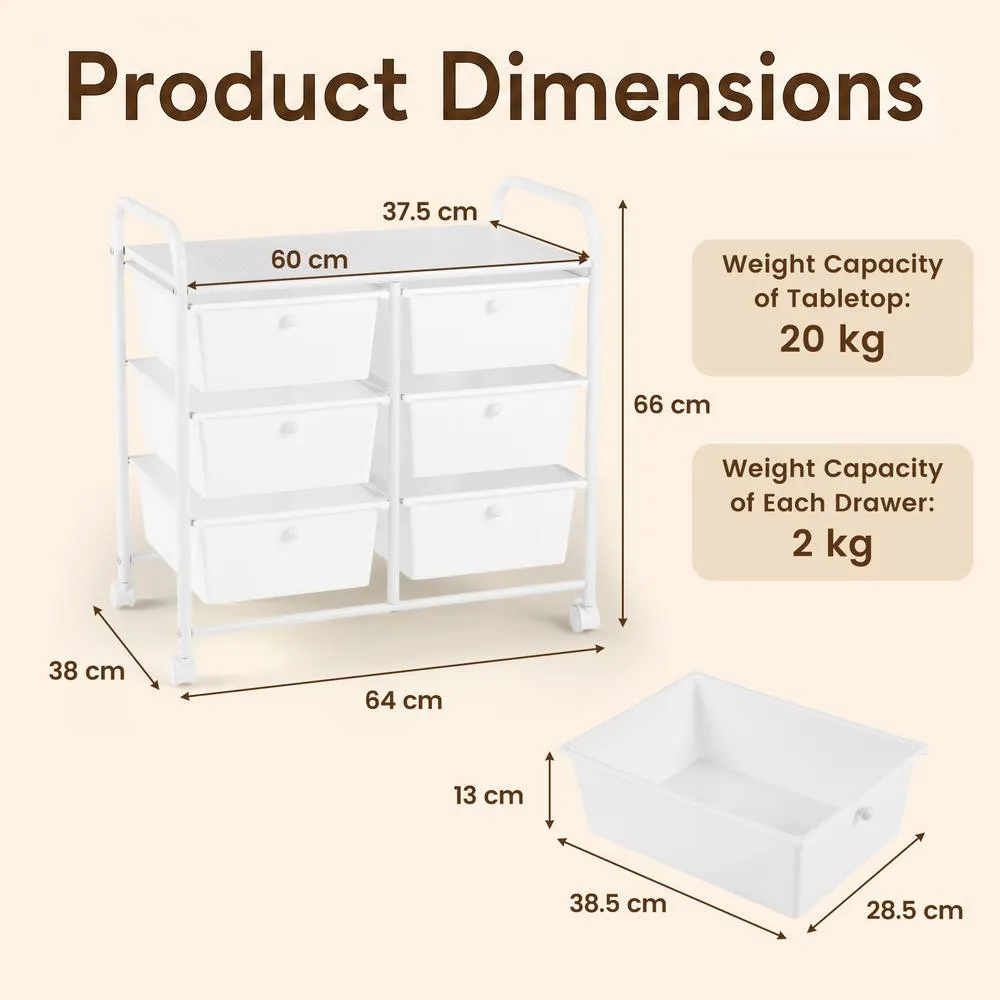 Costway 6-Drawer Rolling Cart Storage Cart w/4 Universal Wheels in White 2