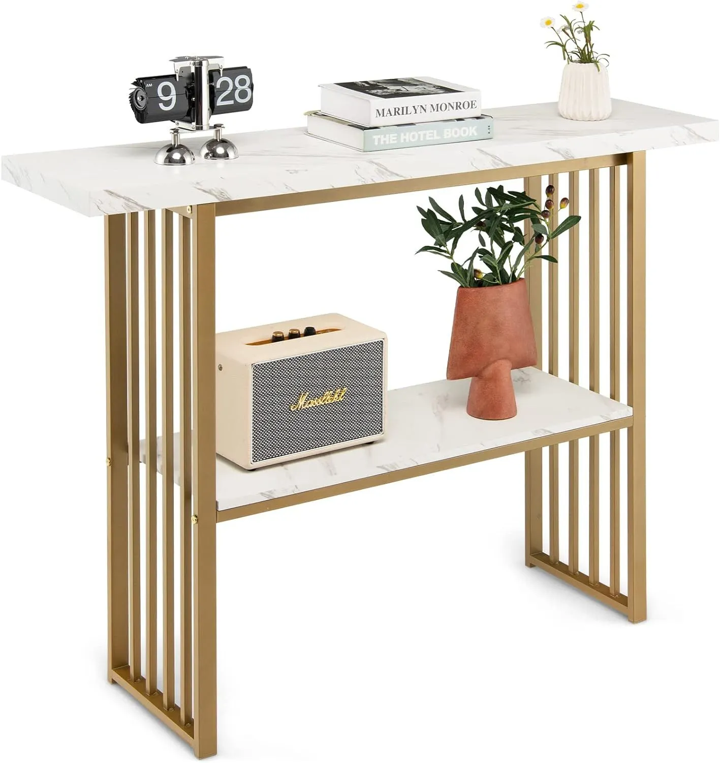Costway 2-tier Console Table White Faux Marble Sofa Table Modern Entryway Hallway Narrow Table