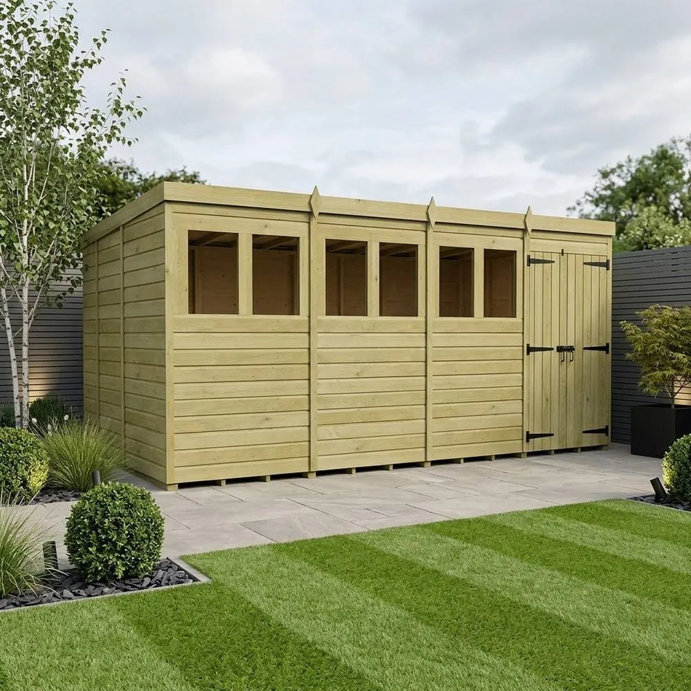 Buttercup Farm 16ft x 9ft Pent Garden Shed Double Door With Windows - Timber in Natural 2