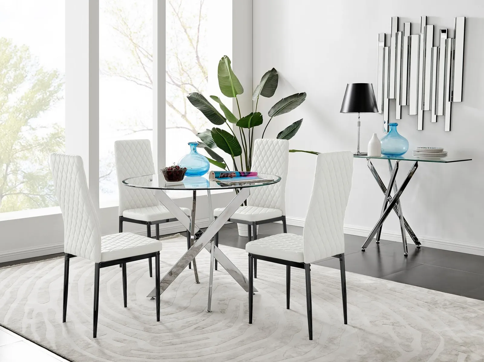 FurnitureboxUK Novara 100cm Round Dining Table & 4 Milan Black Leg Chairs in White 1