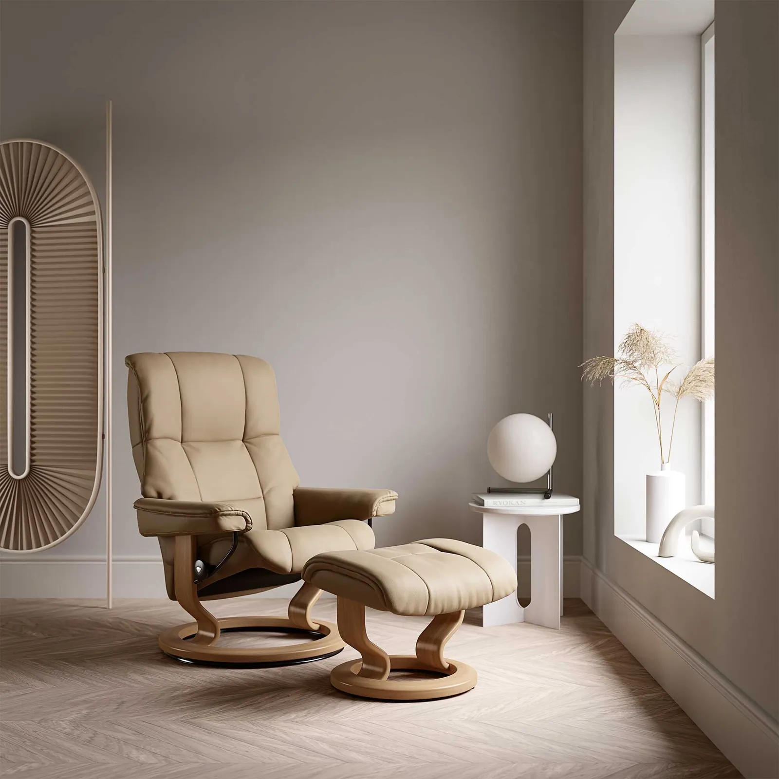 Stressless Mayfair Medium Recliner Chair & Stool, Neutral Leather | Barker & Stonehouse 2
