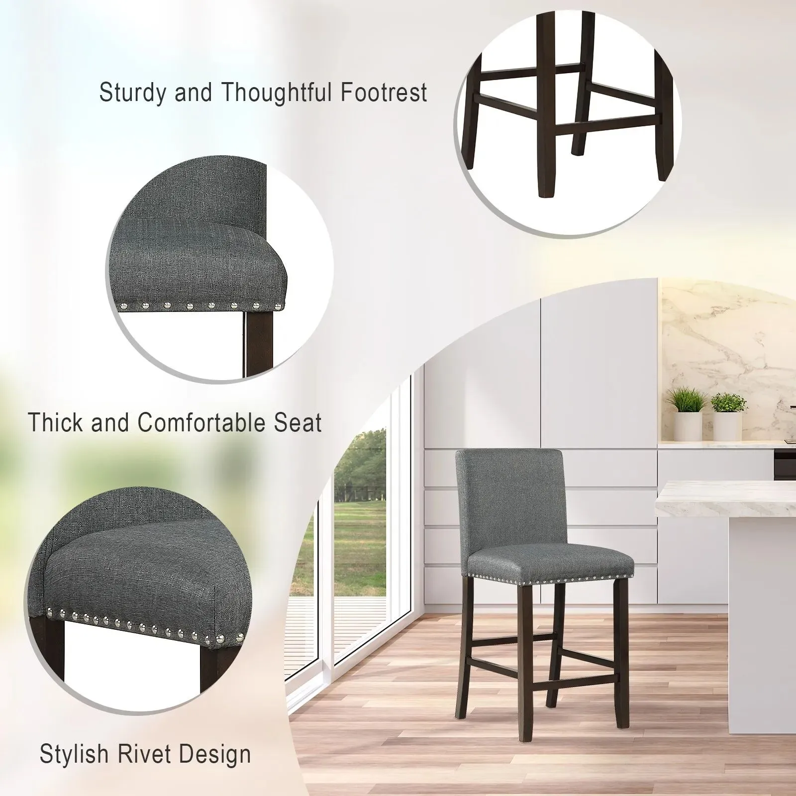 Costway Set of 2 Bar Stools Upholstered Bar Chairs Pub Stool Chair Kitchen Dining Chair in Grey 4