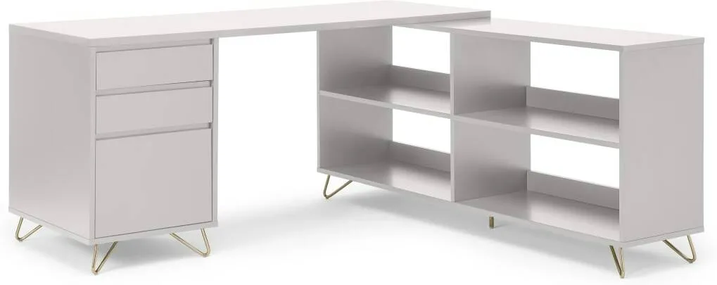 Elona Corner Desk with Open Sideboard, Ivory White & Brass