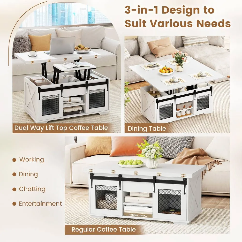 Costway Lift Top Coffee Table 3-in-1 Farmhouse Center Table w/ 2 Sliding Doors in White 2