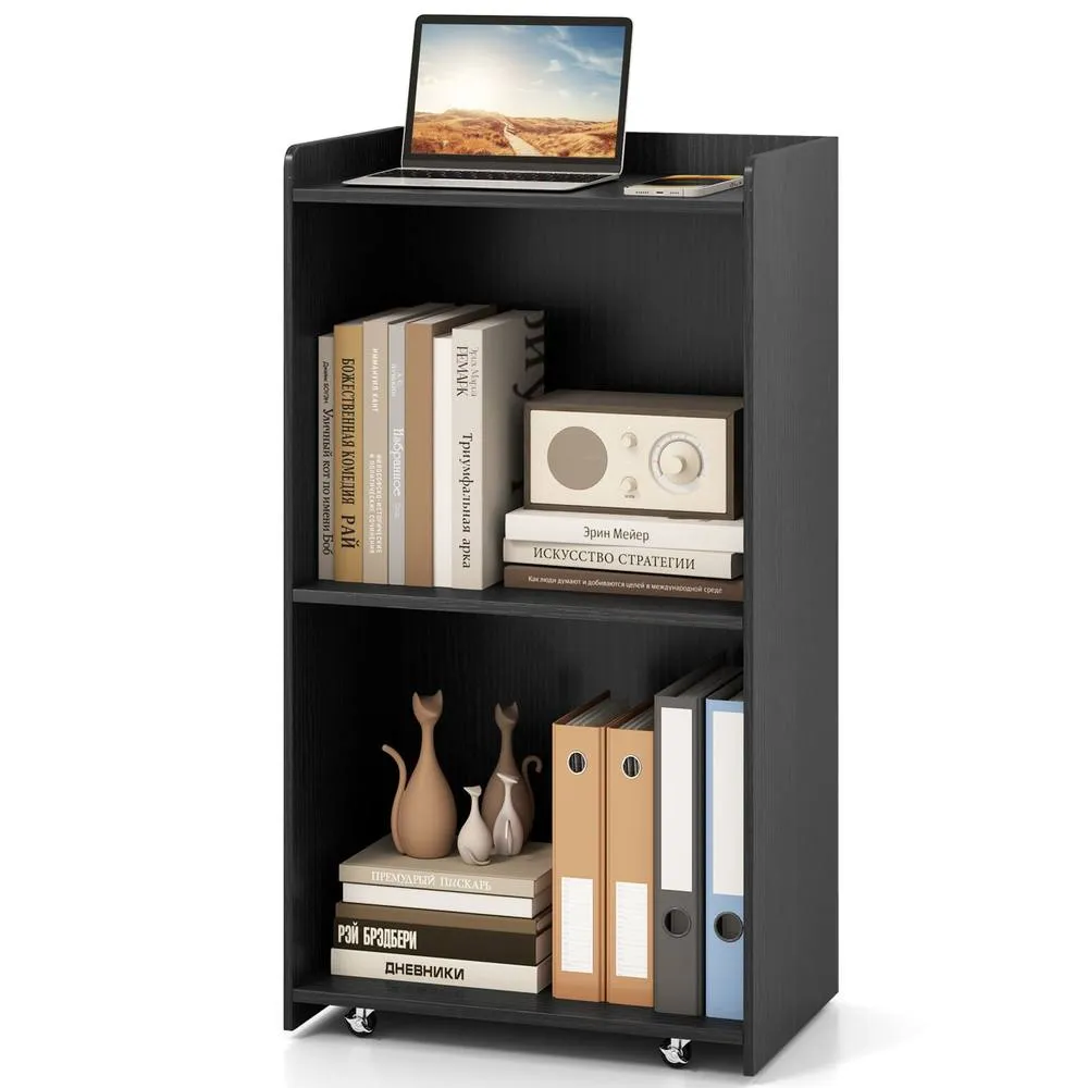 Costway Rolling Lectern Stand 105 cm Presentation Podium w/2 Shelves-Black in Black