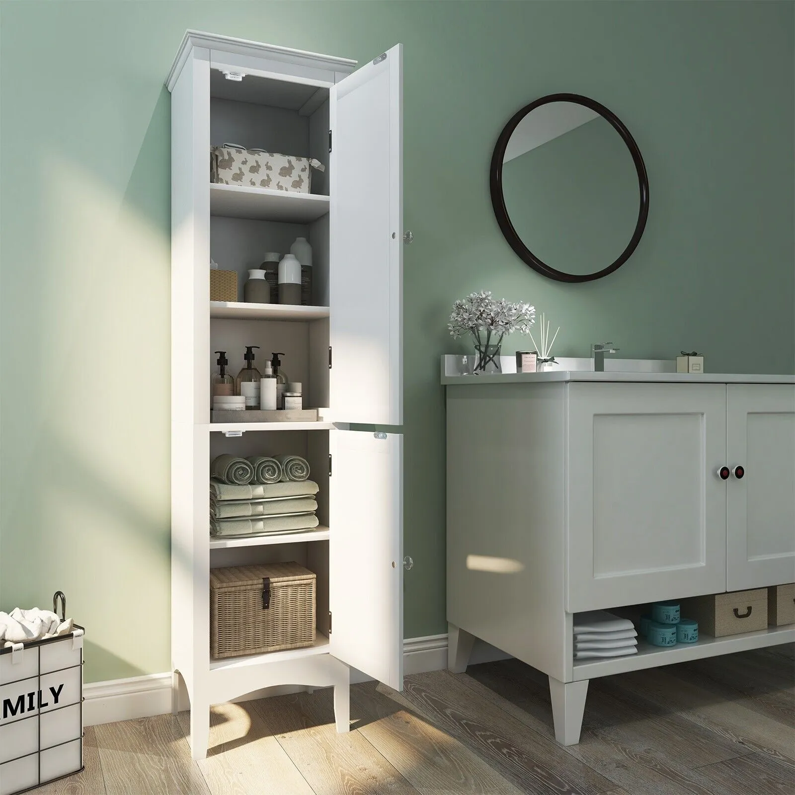 Costway 5-Tier Bathroom Tall Cabinet Slim Freestanding Storage Organizer Cupboard 2 Door in White 3