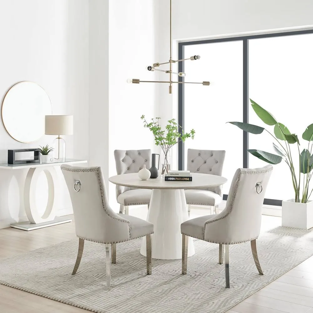 FurnitureboxUK Palma Beige Stone Effect Round Dining Table & 4 Grey Belgravia Chairs