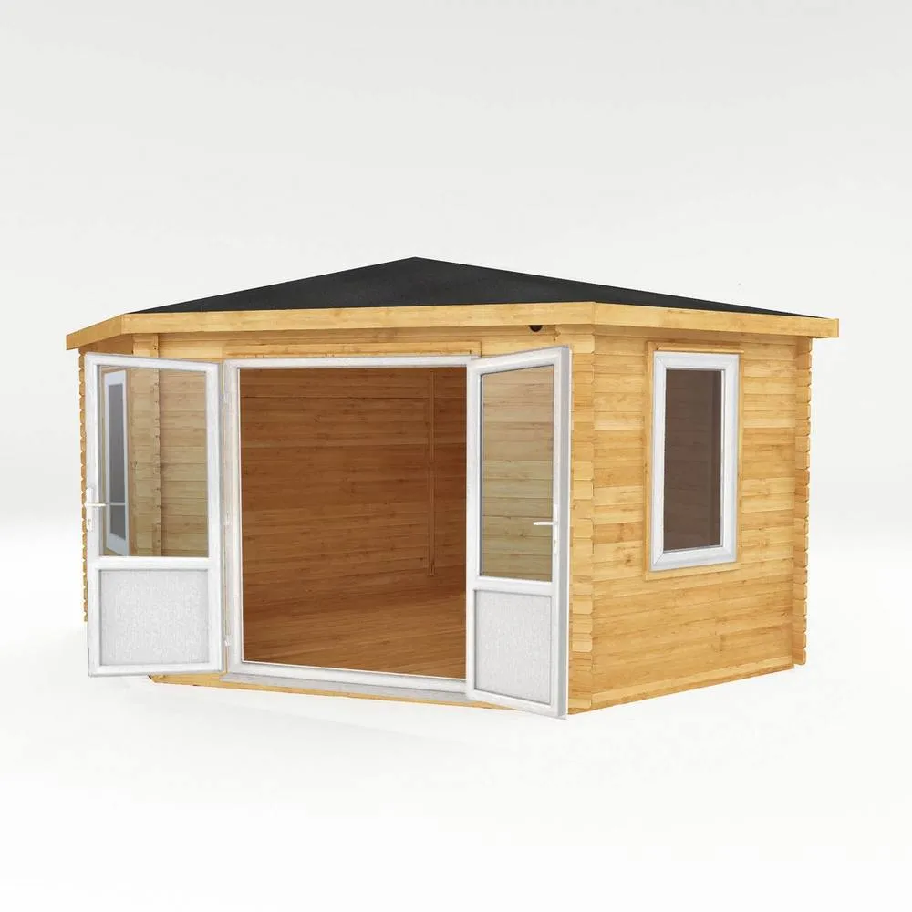 Mercia 4 x 4 m Corner Cabin with White UPVC Windows & Doors in Light Tan 2