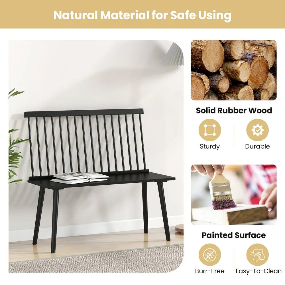 Costway Entryway Bench for 2 Rubber Wood Windsor Bench Loveseat w/ Backrest in Black 4