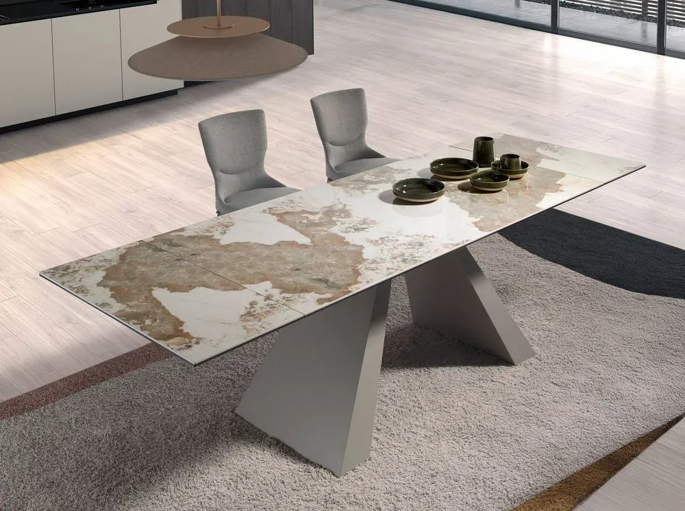 Angel Cerda Rectangular Extendable Dining Table, Porcelain Marble, Taupe Steel 6