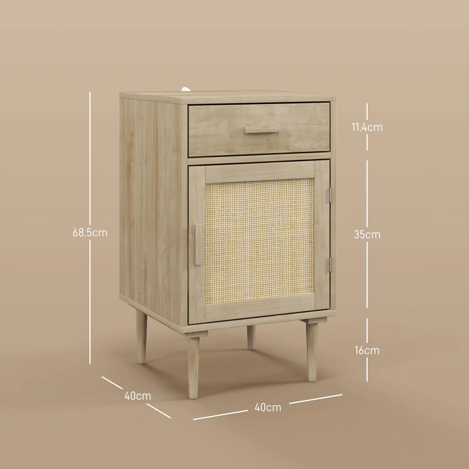 HOMCOM Bedside Table, Rattan Side Tables w/ Drawer, Cabinet & Adjustable Shelf, Boho Bedside Cabinet w/ Storage for Bedroom, Living Room, Natural 3