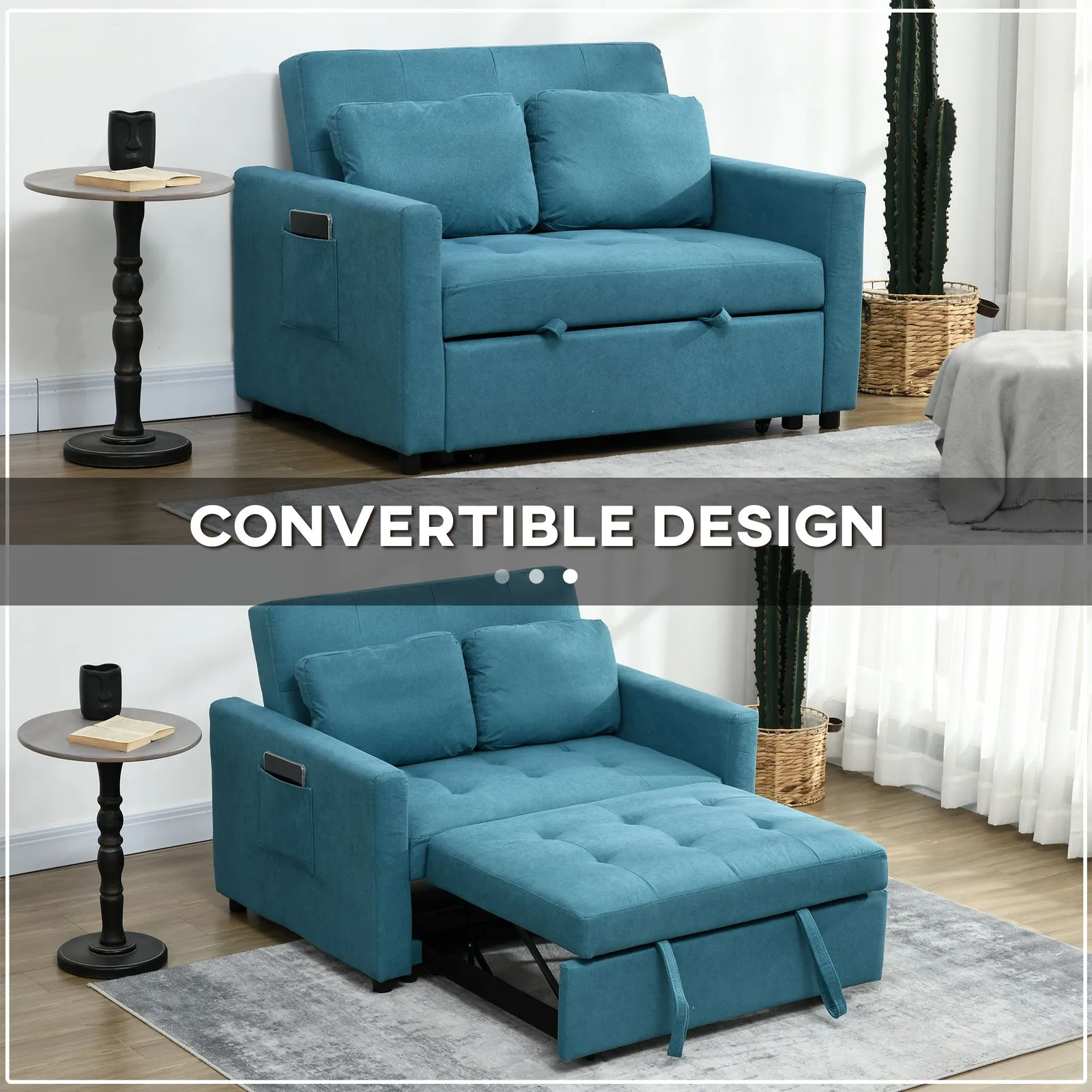 HOMCOM 2 Seater Sofa Bed Convertible Bed Settee with Cushions, Pockets in Blue 4