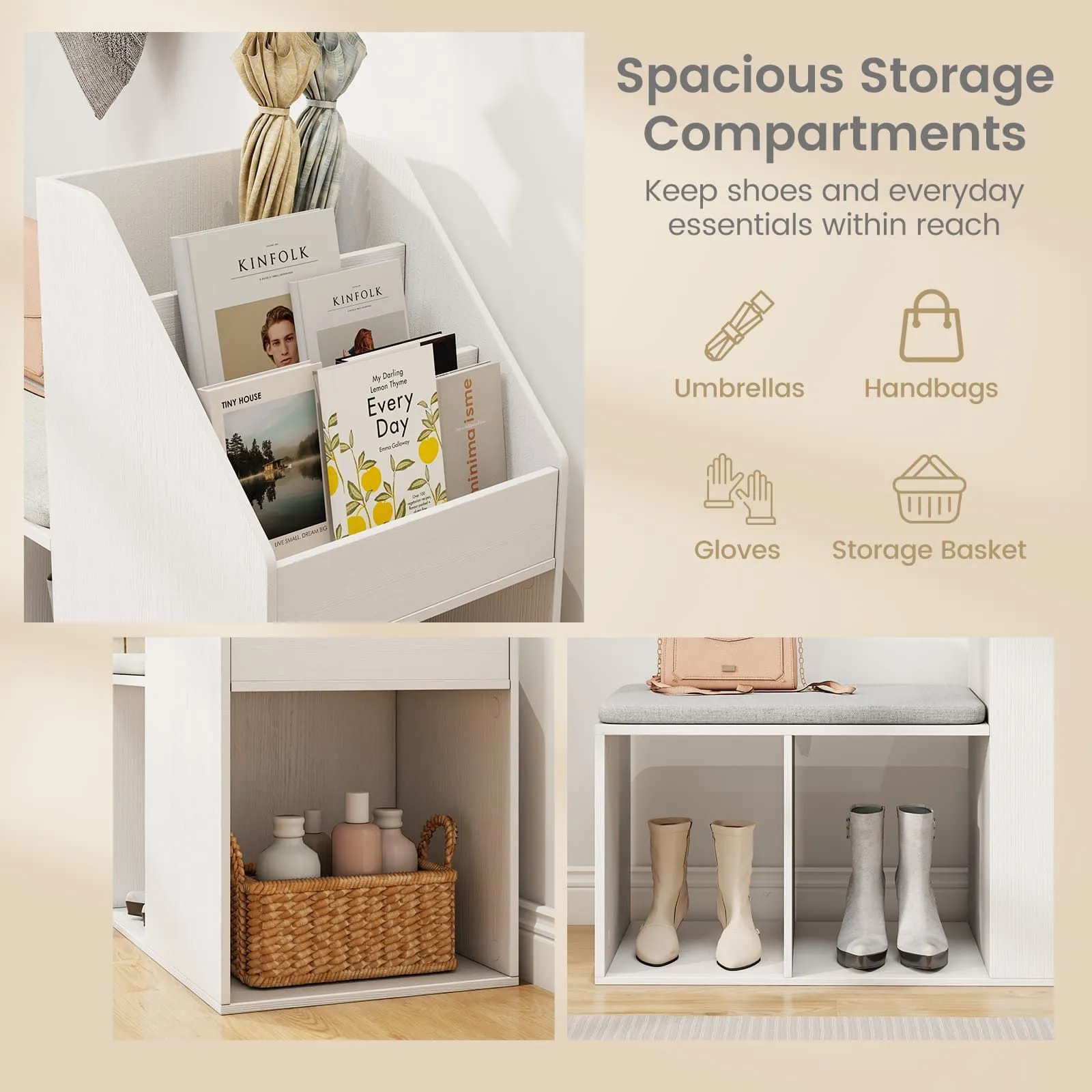 Costway Shoe Storage Bench Entryway Bench 3-Tier Rack w/ Cushion in White 5