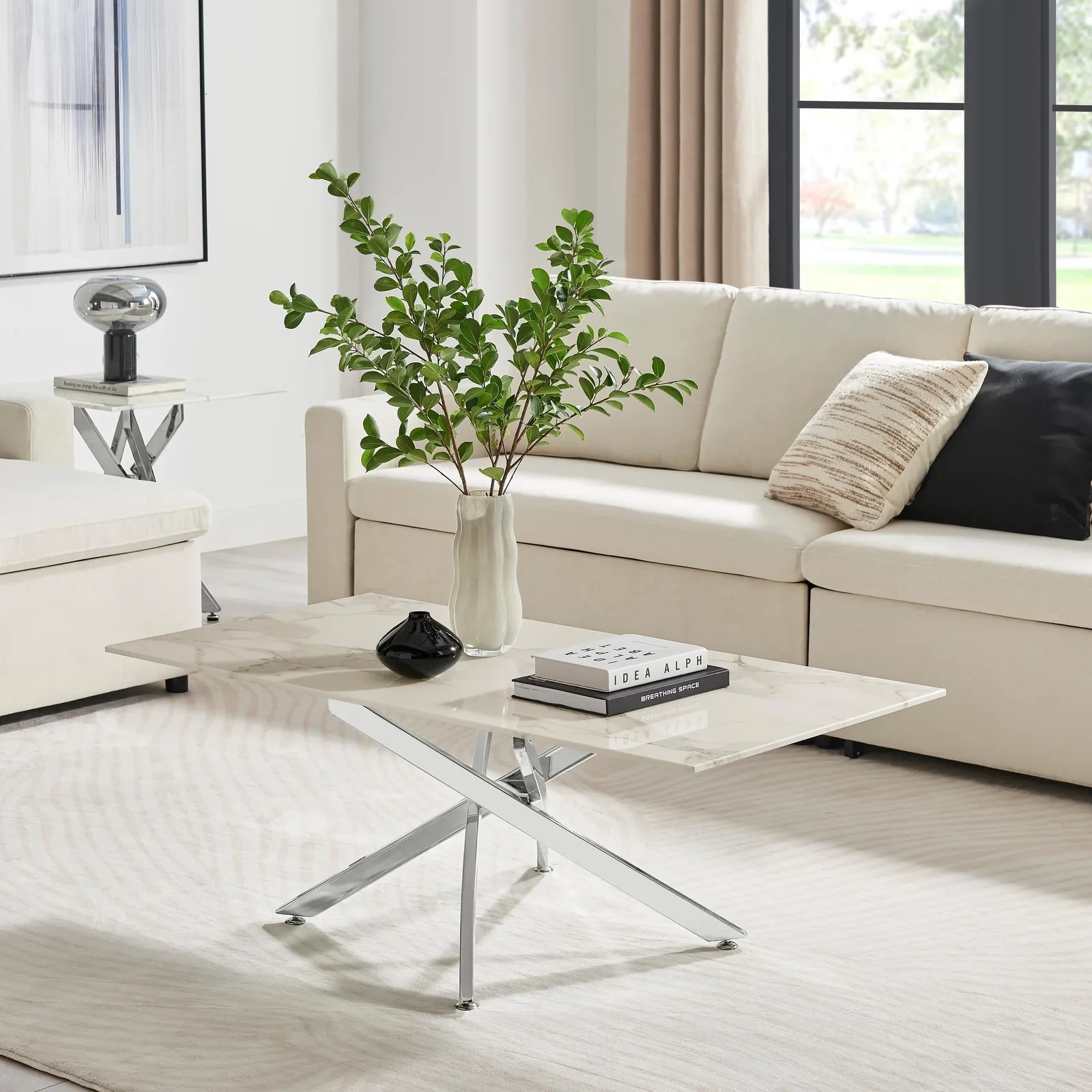 FurnitureboxUK Leonardo Rectangular Marble Effect Glass Top Coffee Table With Silver Metal Starburst Legs in White 2