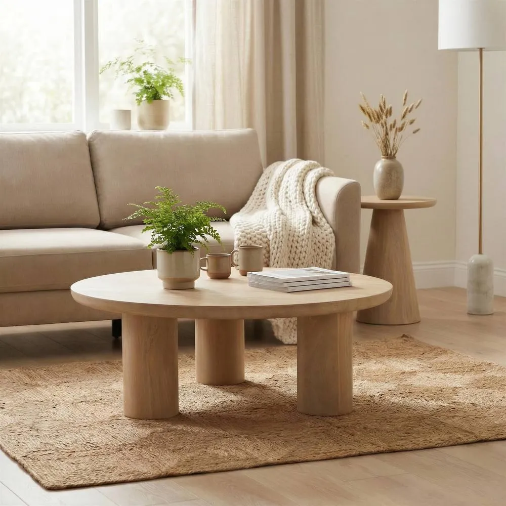 FurnitureboxUK Teton Round Wood 3 Leg Coffee Table in Light Brown 1