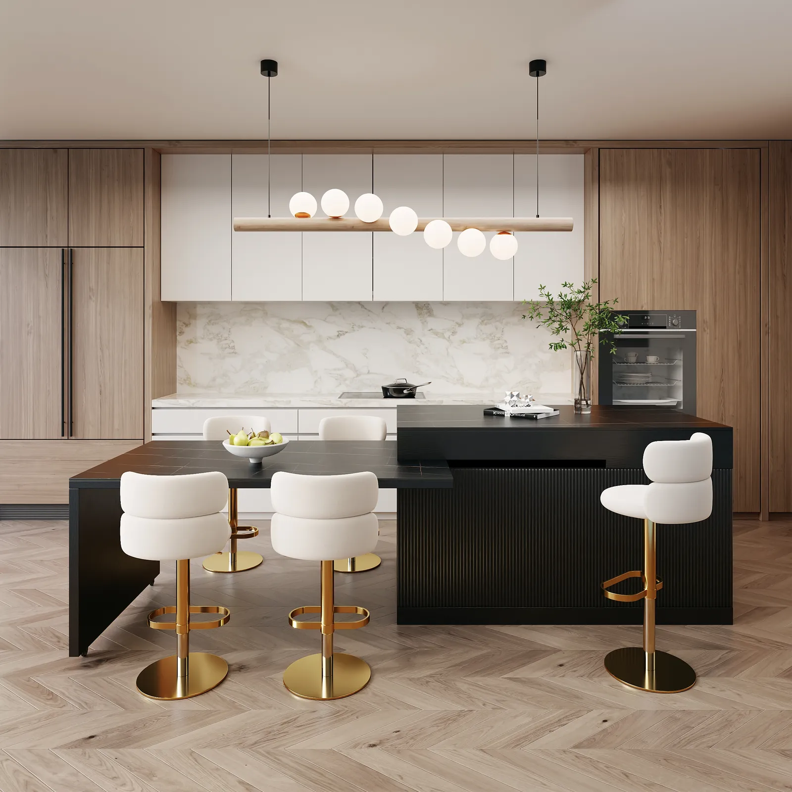 205 - 285 cm Extendable Kitchen Island with Doors & Drawers, Black Sintered Stone Top