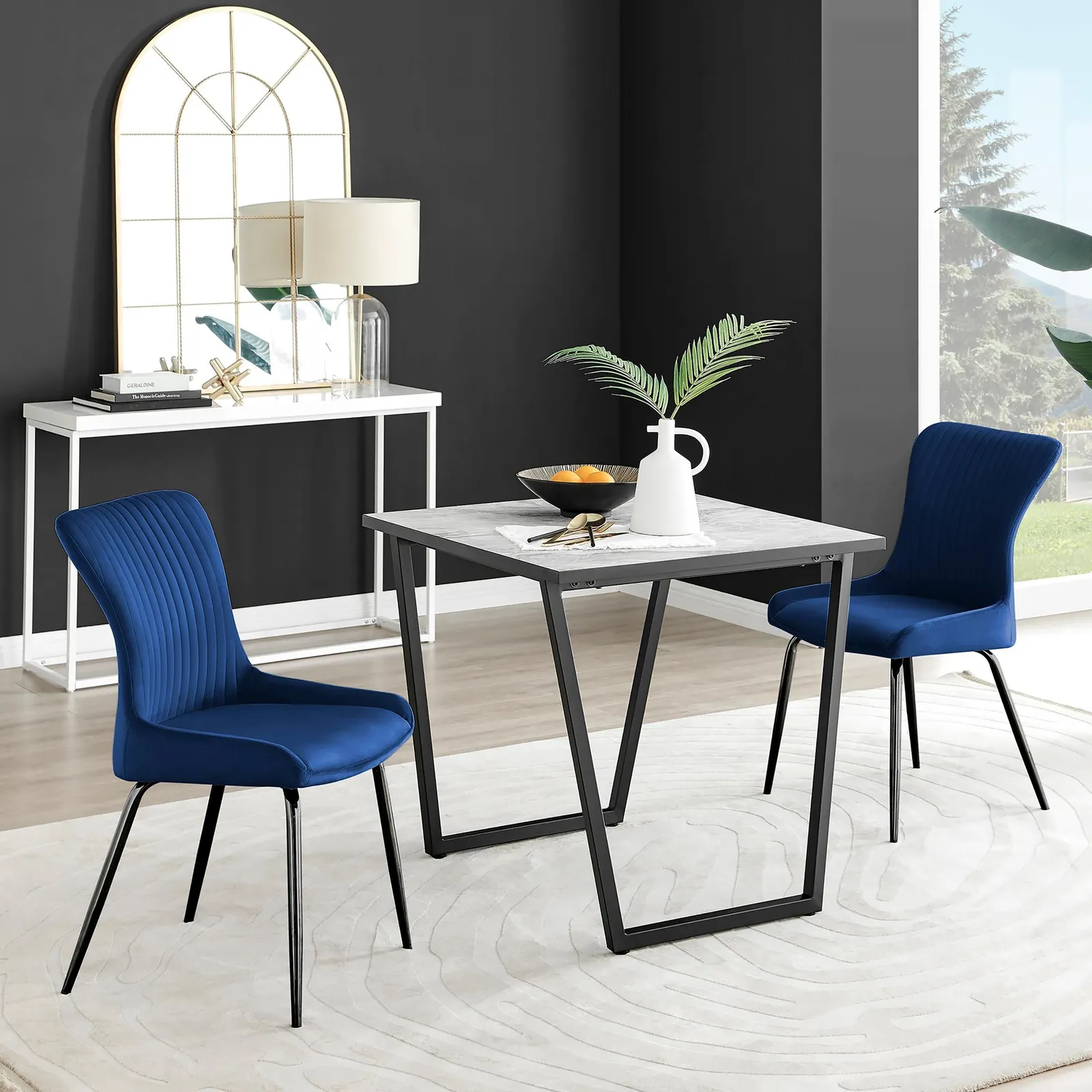 FurnitureboxUK Carson White Marble Effect Square Dining Table & 2 Velvet Nora Black Leg Chairs in Blue