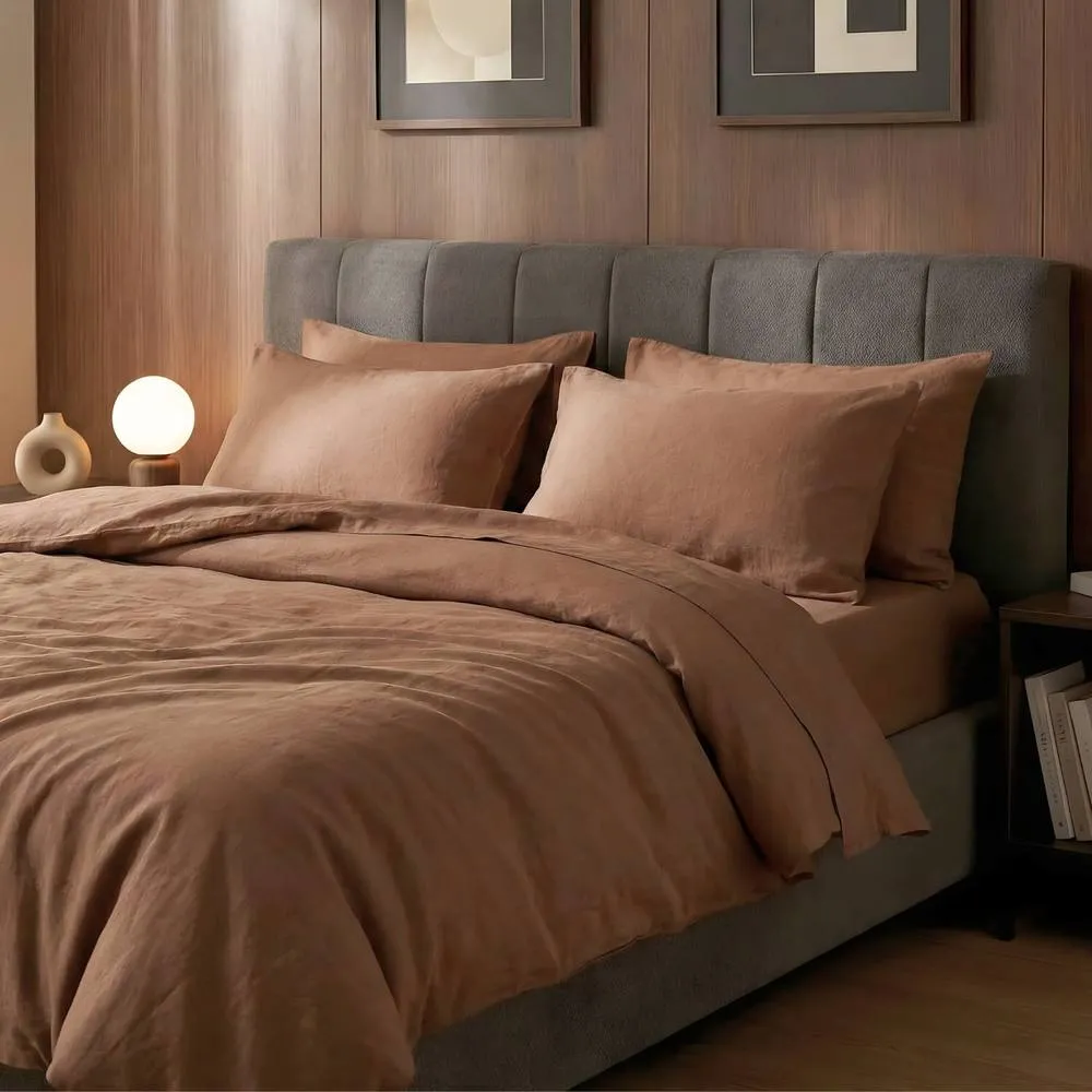Bedable 100% Cotton Bedding Bundle Percale Cooling Sheets - Duvet Cover + Fitted Sheet + 4 Pillowcases + Duvet + 4 Pillows in Brown