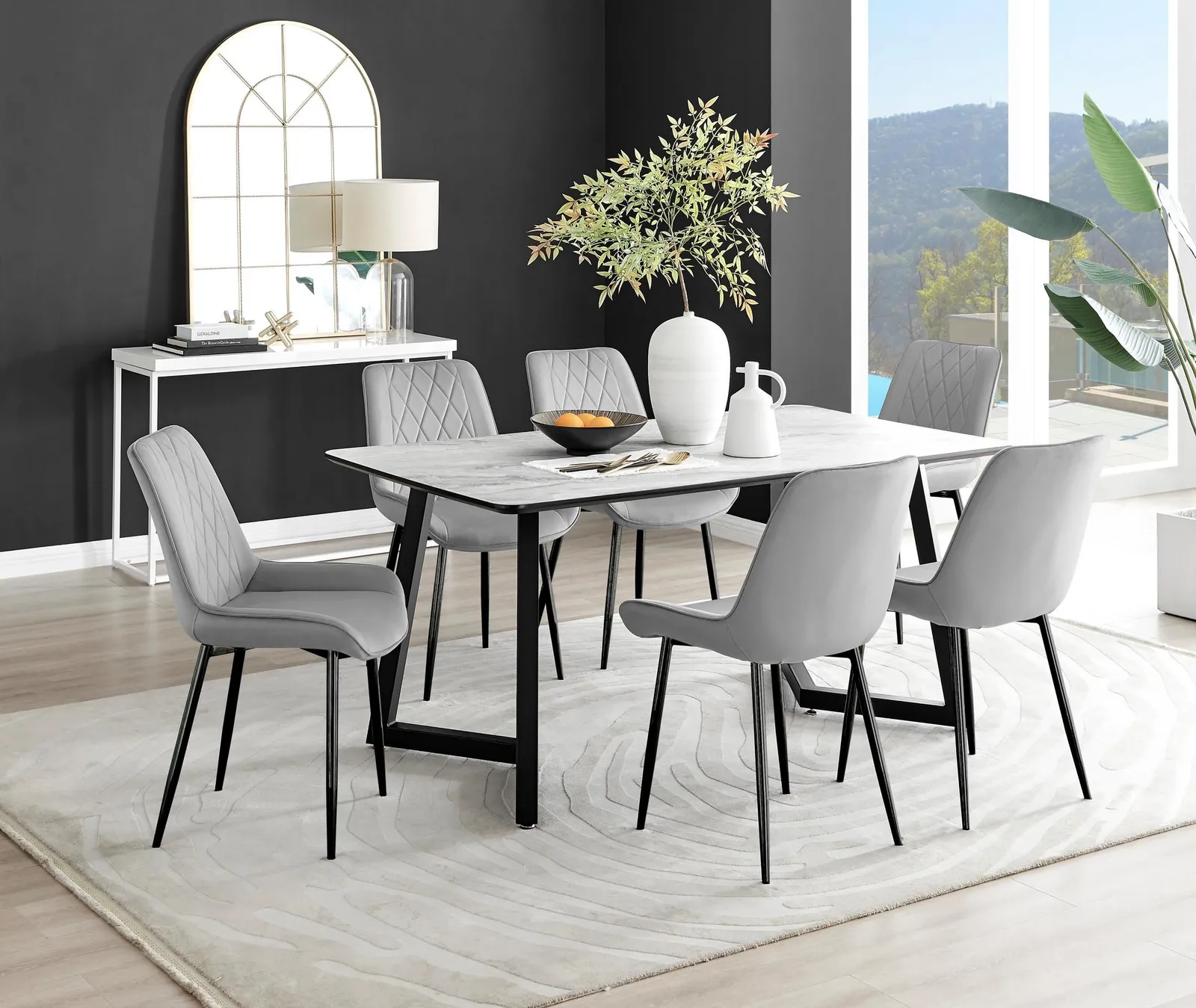 FurnitureboxUK Carson White Marble Effect Dining Table & 6 Pesaro Black Leg Chairs in Grey 1