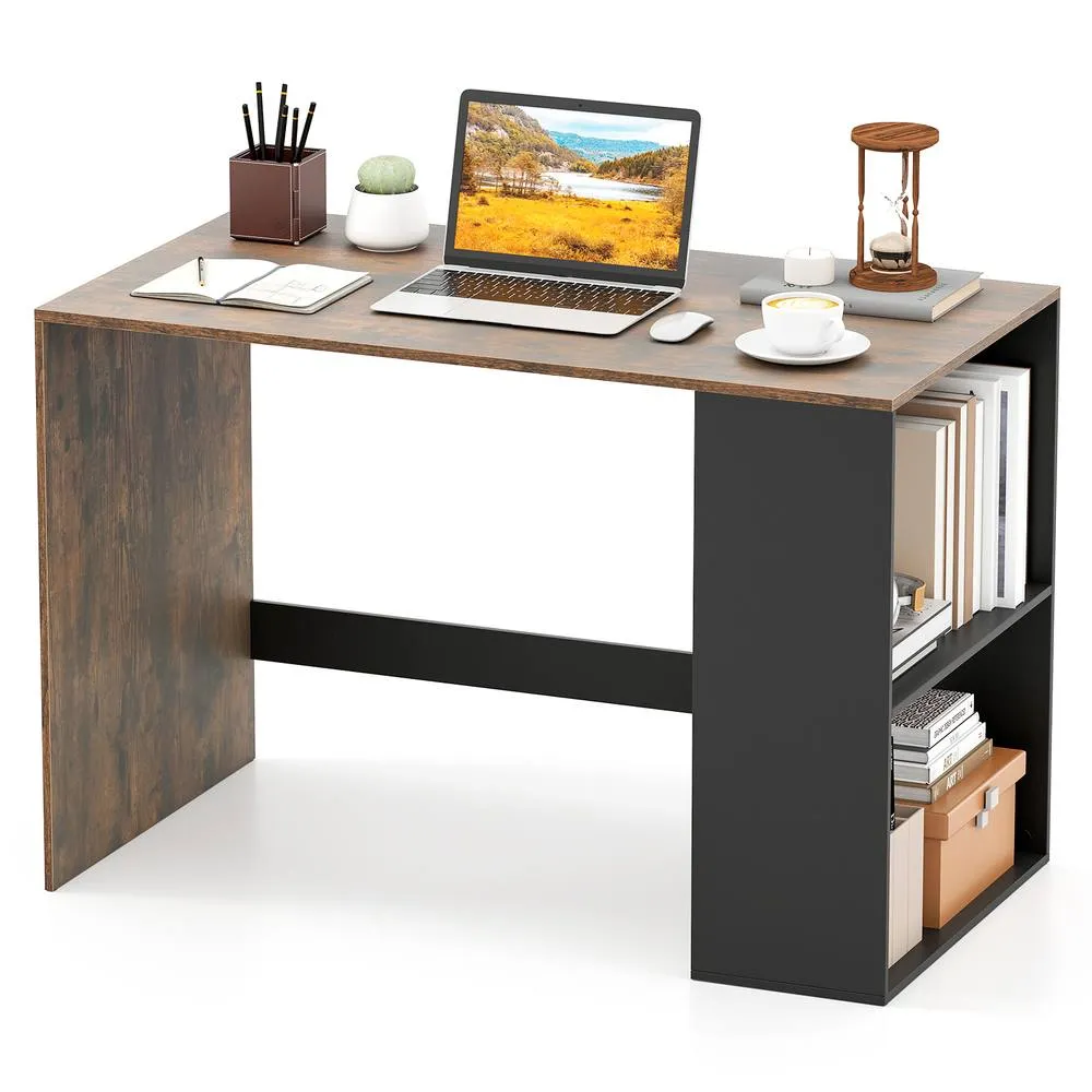 Costway Modern Wooden Office Desk with 2 Open Shelves in Brown