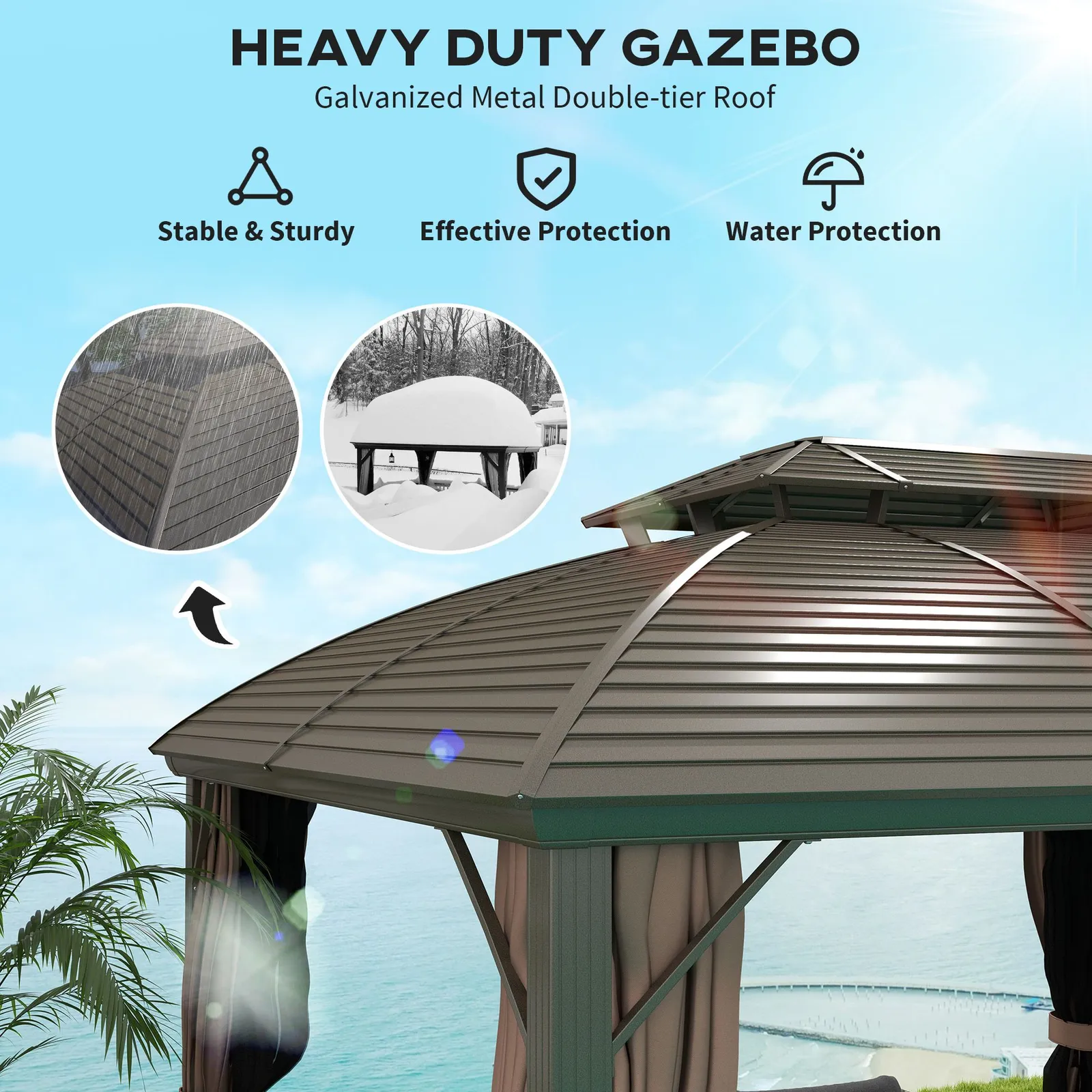 OUTSUNNY 3.65 x 3(m) Aluminium Outdoor Gazebo w/ Hardtop Double Roof, Coffee in Brown 4