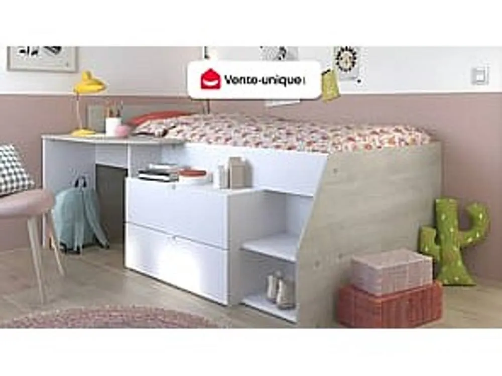 Vente-unique Bed With Desk & Storage - 90 X 190/200 Cm - White & Natural in Light Oak 4
