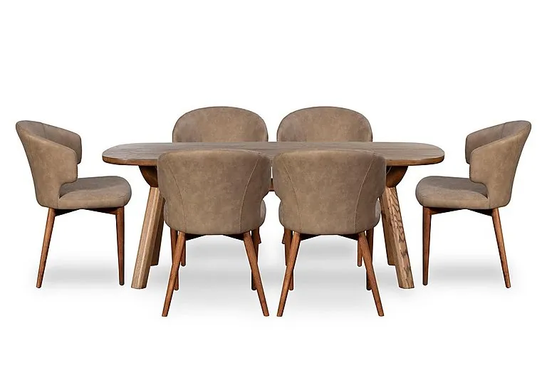Pien Large Boat Shaped Oak Fixed Dining Table and 6 Faux Leather Chairs with Wooden Legs - In Time for Christmas