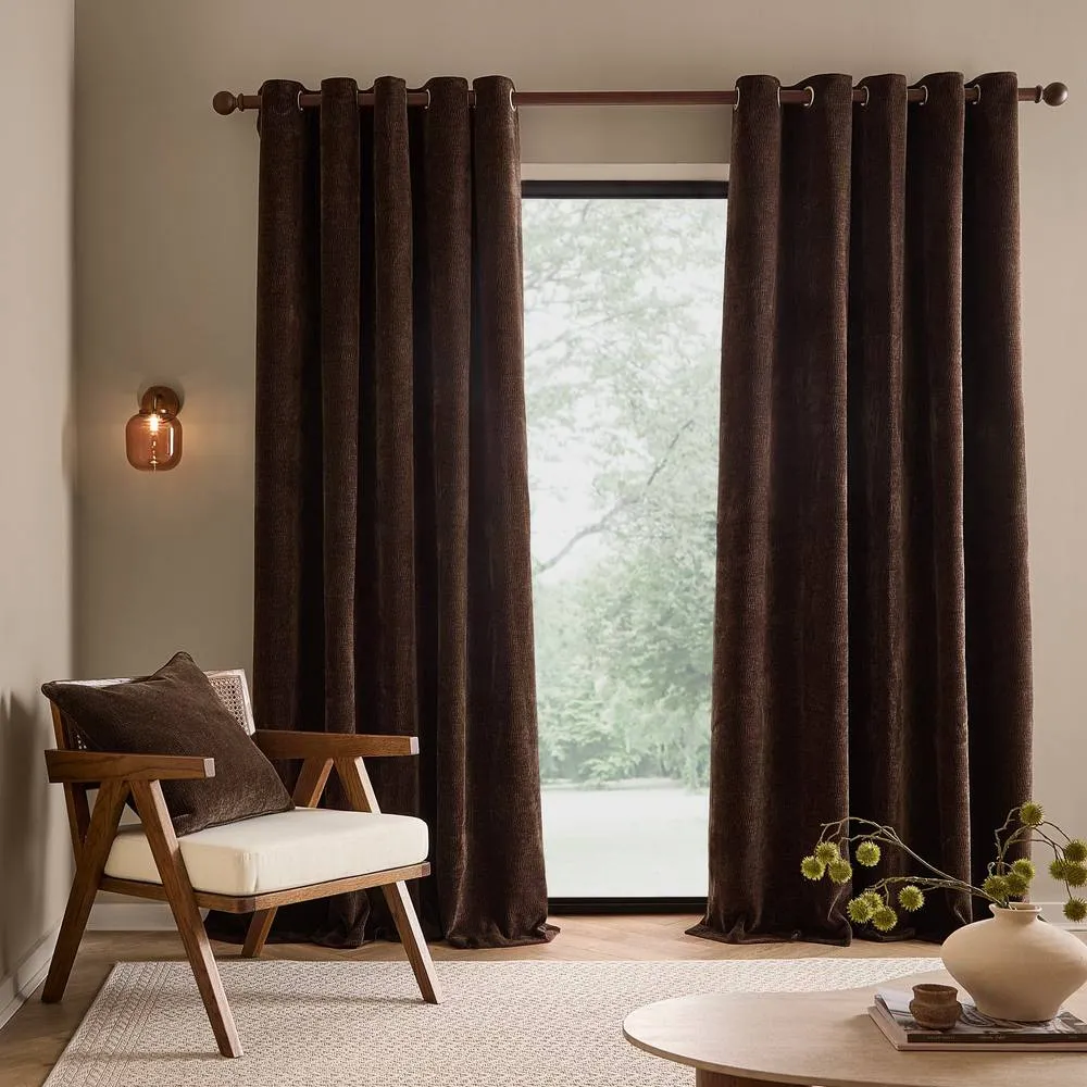 Yard Heath Washed Velvet Fully Lined Eyelet Curtain Pair in Brown 4