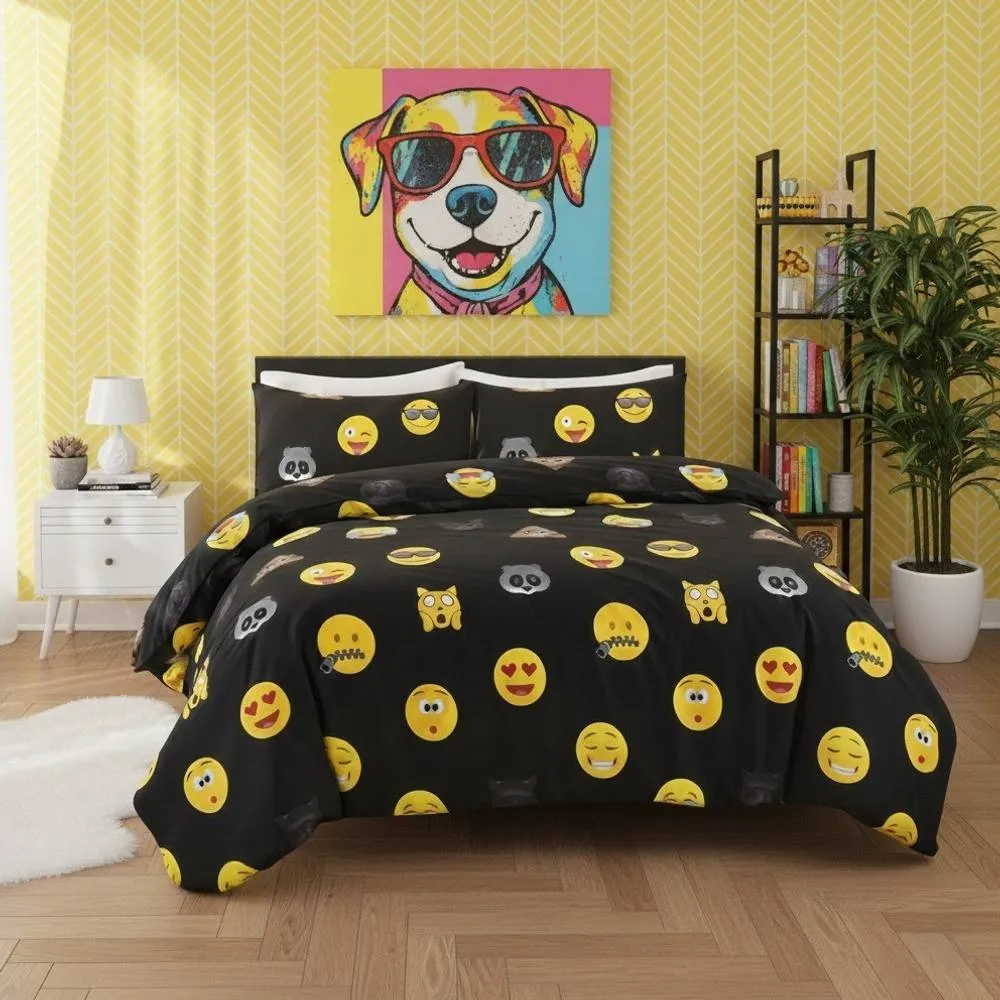 Snug City Emoji Print Duvet Cover Set Cool Playful Bedding with Pillowcases in Black