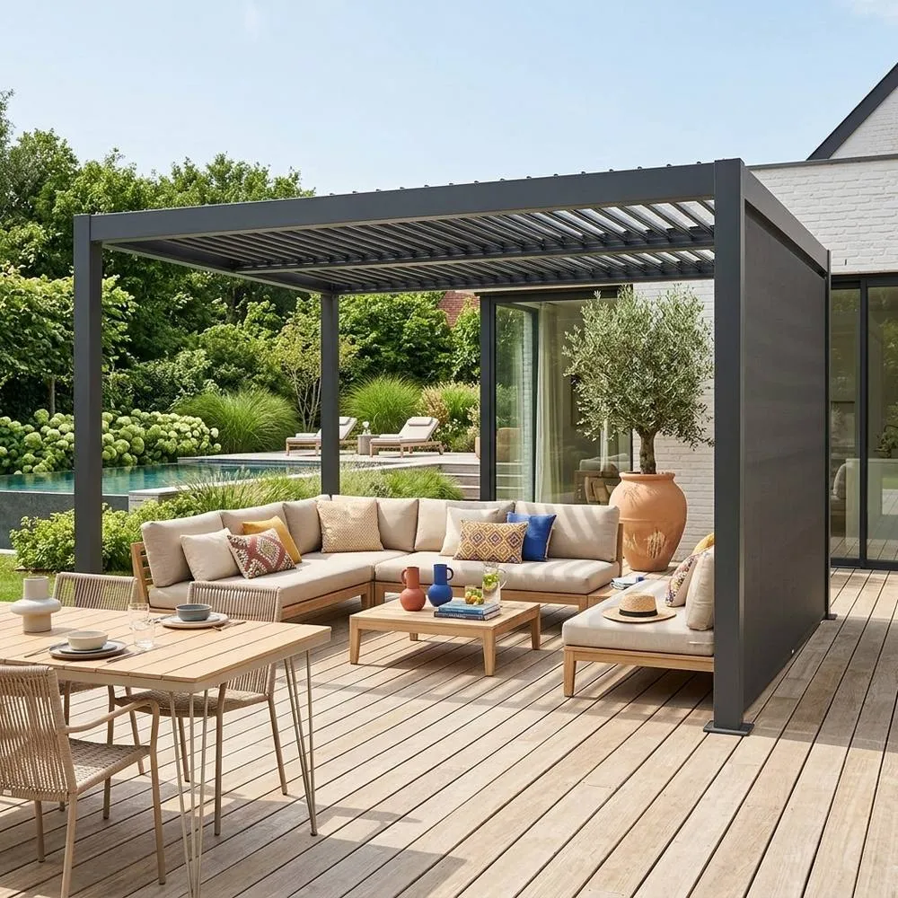 sweeek Louvered pergola 4x3m & 3m awning in Dark Grey