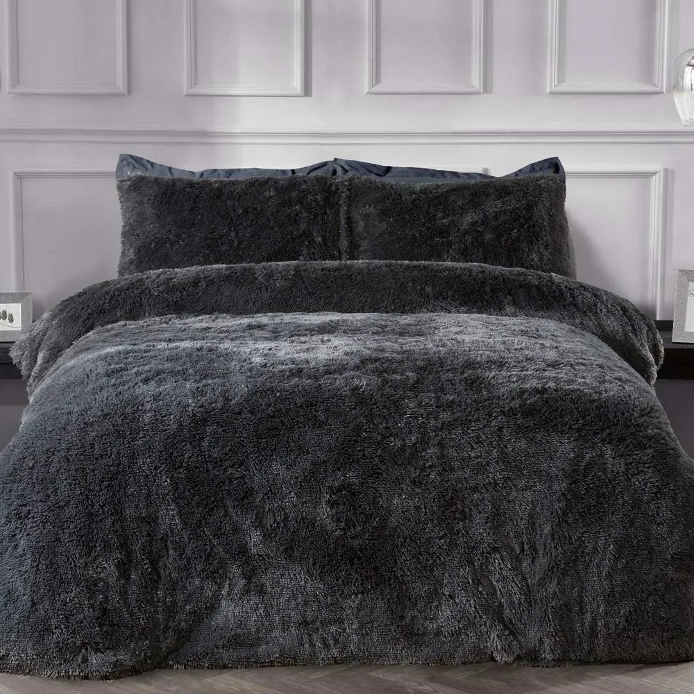 Smart Living Luxury Long Pile Faux Fur Duvet Cover with Pillowcases in Charcoal