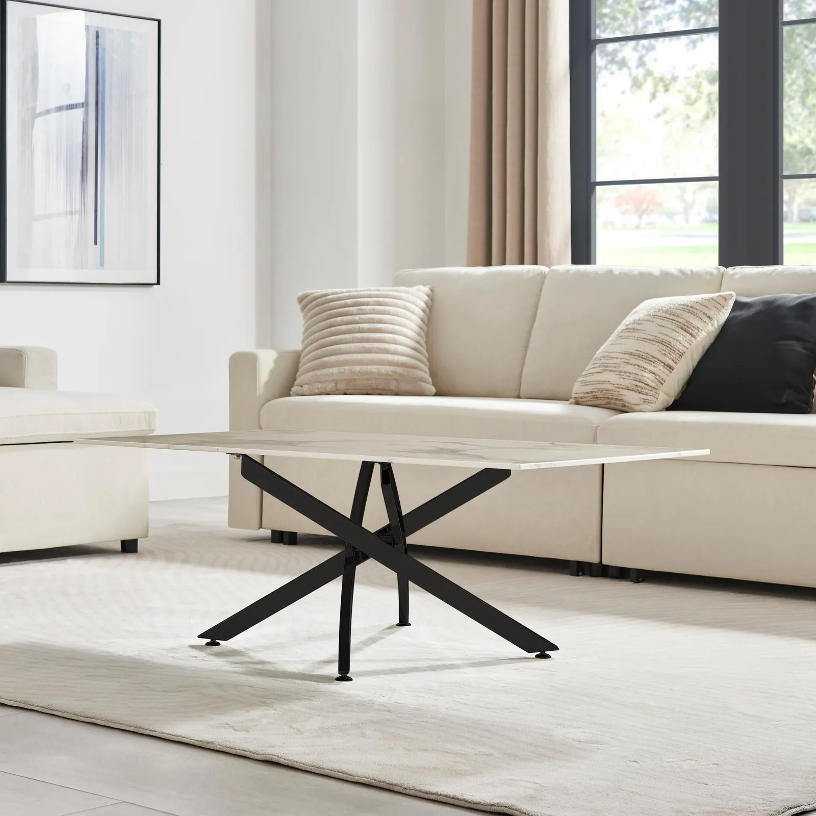 FurnitureboxUK Leonardo Rectangular Marble Effect Glass Top Coffee Table With Black Metal Starburst Legs in White 3