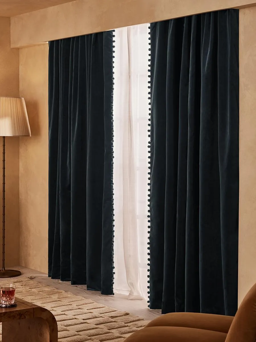 Margeaux Velvet Curtains, Pair, Grey Blue