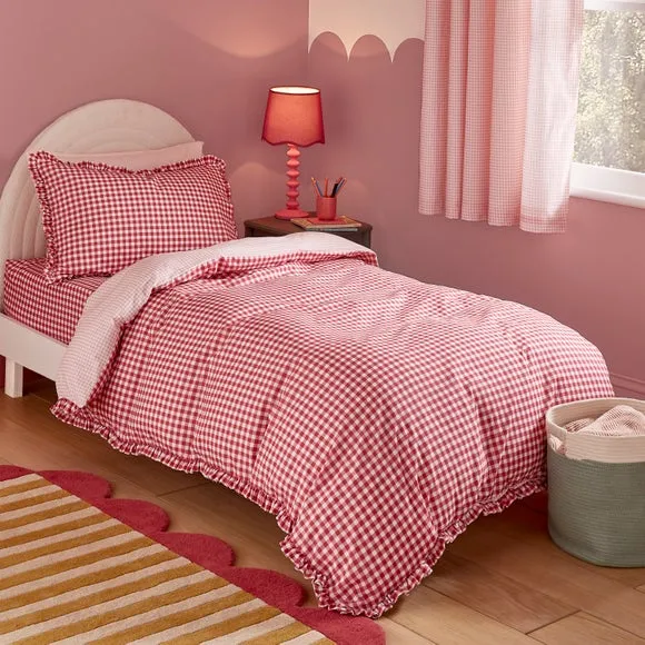 Pink Gingham Frill Quilt Cover and Pillowcase Set 6