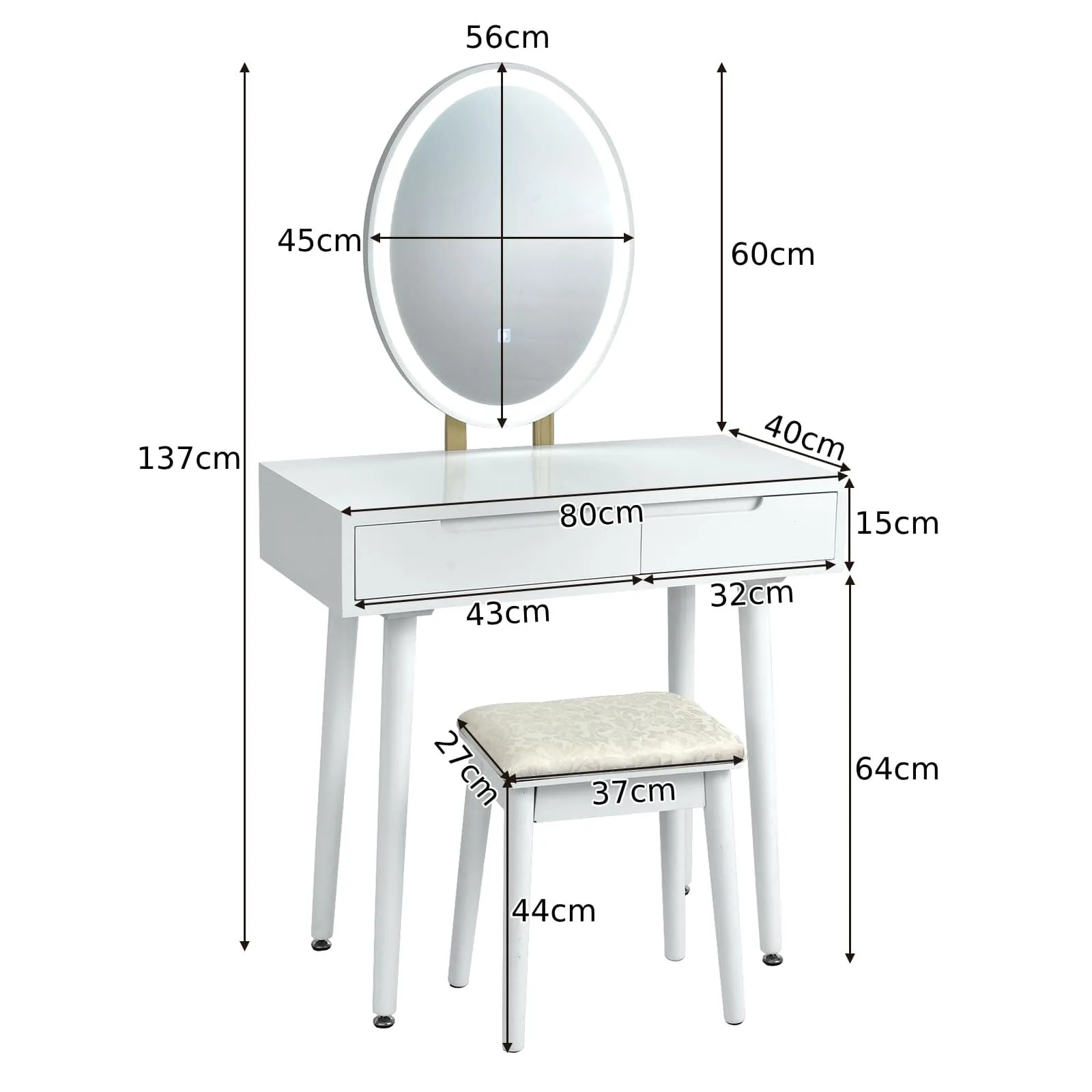 Costway Vanity Table Set with Lighted Mirror & 3 Color Lighting Modes in White 2
