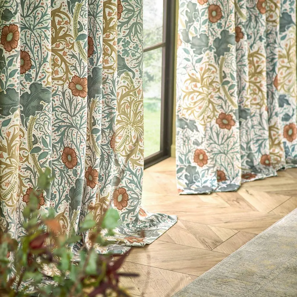 Morris & Co Seaweed Printed Velvet Room Darkening Pencil Pleat Curtains in Stone 5