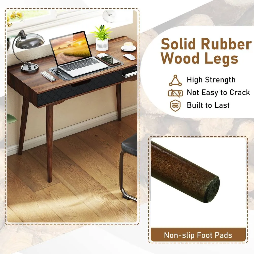 Costway Writing Table with Drawer & Open Compartment in Brown 5