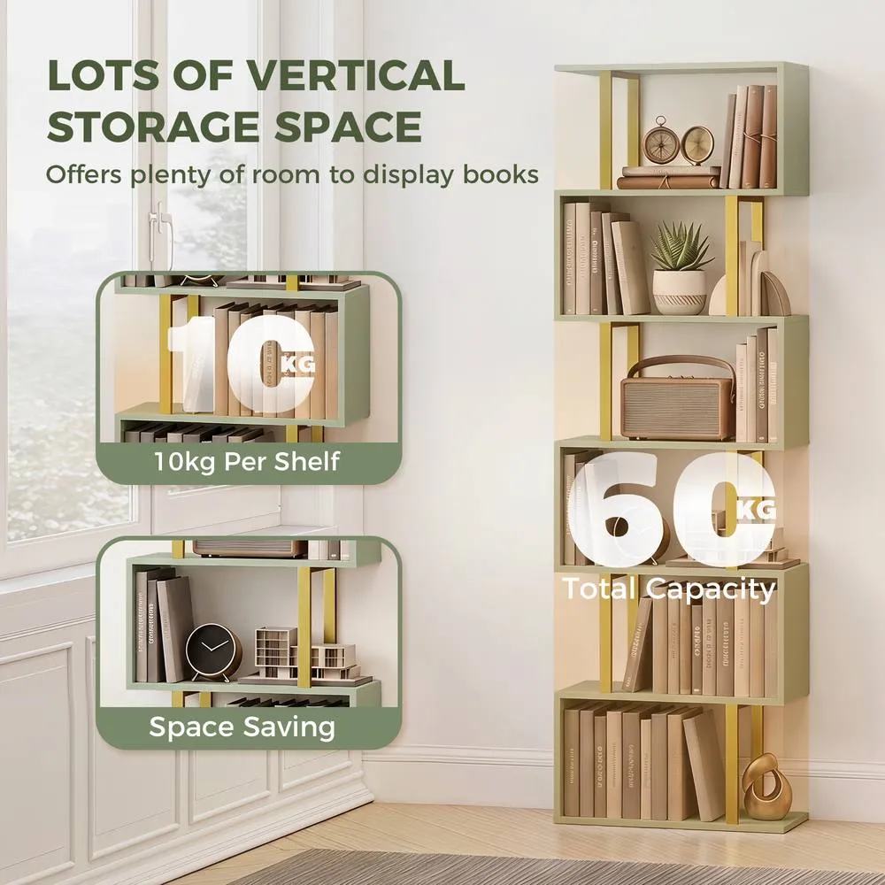 HOMCOM S-Shaped Bookshelf, 5-Tier Bookcase with Anti-Tip Strap, Light Green 5