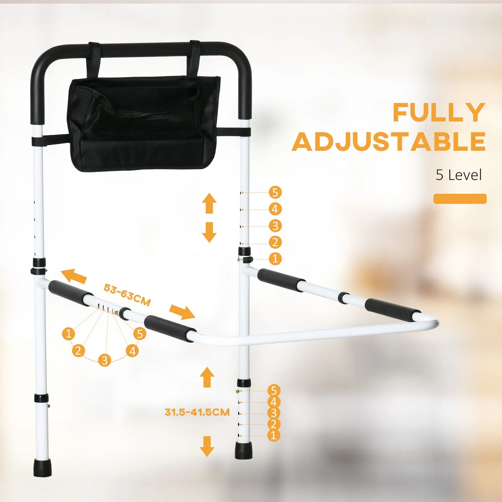 HOMCOM Safety Bed Rail Adjustable Bed Assist Rail with Pocket in White 4