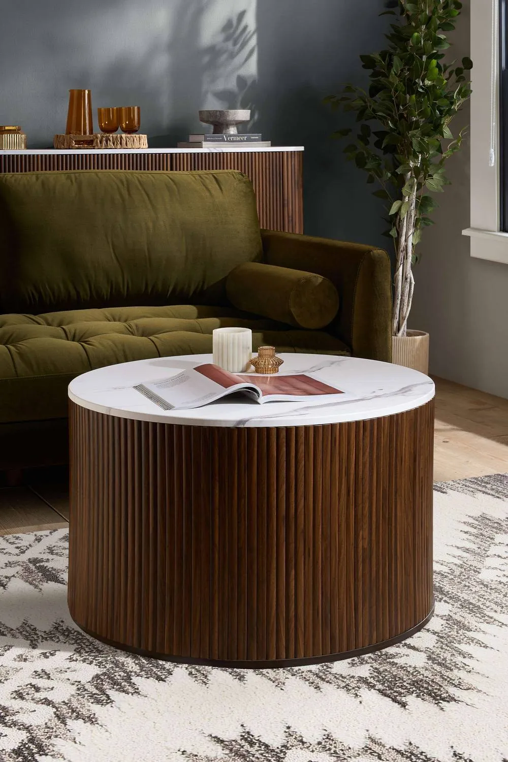 Birlea Kagu Coffee Table Fluted Ribbed Walnut & Marble effect in Brown