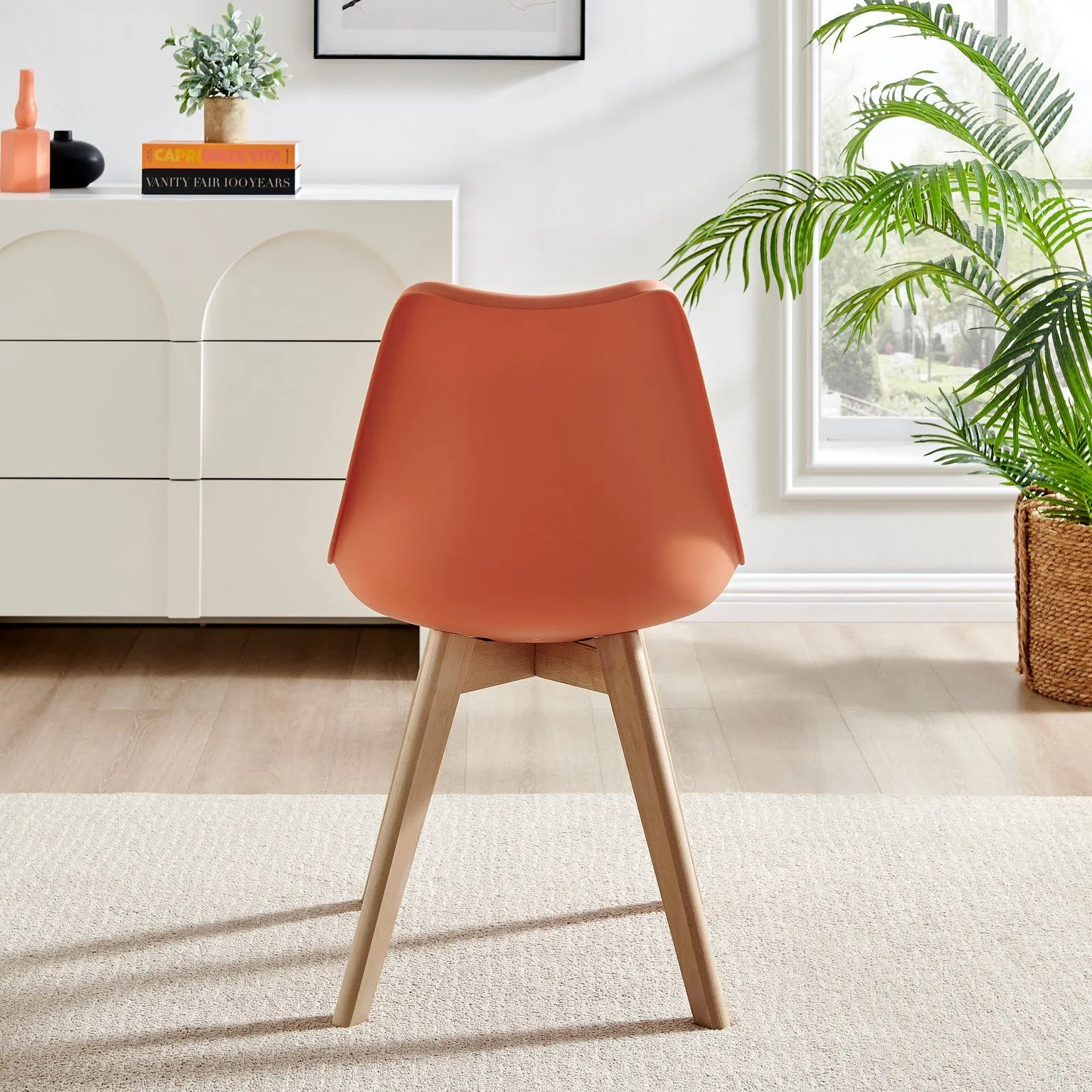 FurnitureboxUK Set of 2 Stockholm Natural Birch Wood Scandi Minimalist Dining Chairs with Faux Leather Cushion in Orange 3