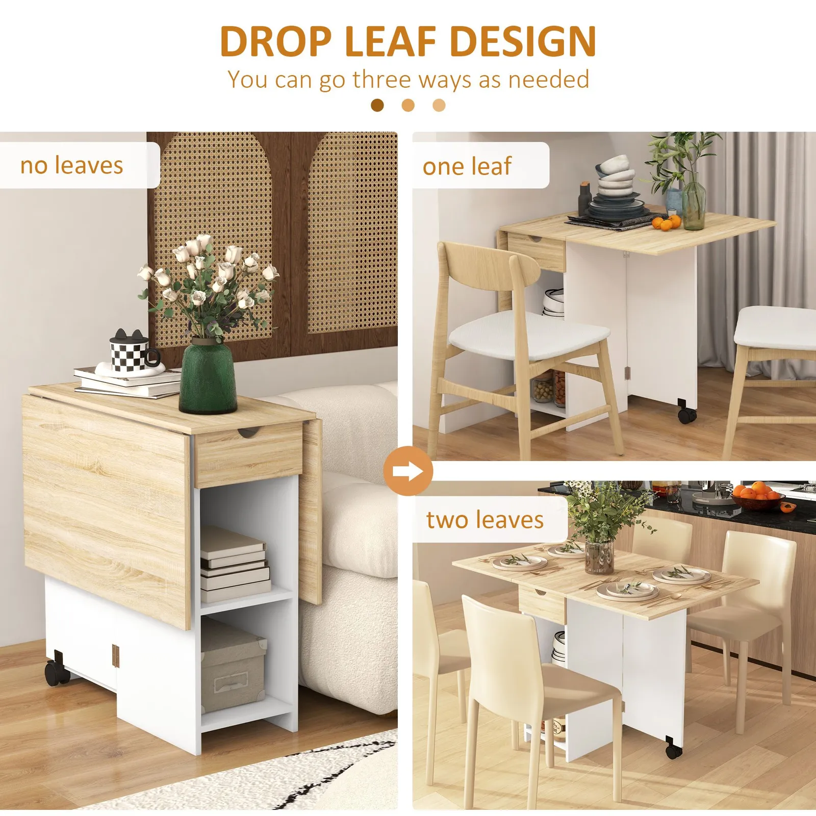 HOMCOM Foldable Dining Table, Drop Leaf Table with Storage for Kitchen in Light Oak 5