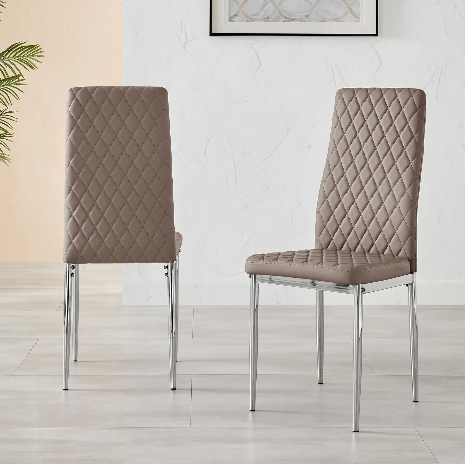 FurnitureboxUK Set of 6 Milan High Back Soft Touch Diamond Pattern Faux Leather Dining Chairs With Silver Chrome Metal Legs in Beige 3
